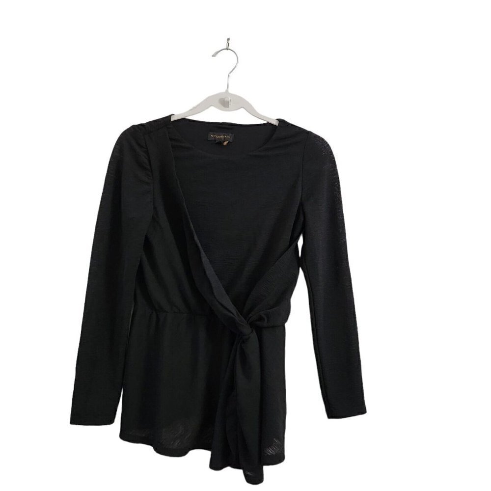 Donna Karan Womens Blouse XS Black Long Sleeve Jewel Neck Twist Wrap Top‎